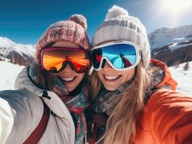 Snowboarders smiling young happy woman and man wear goggles mask hat ski