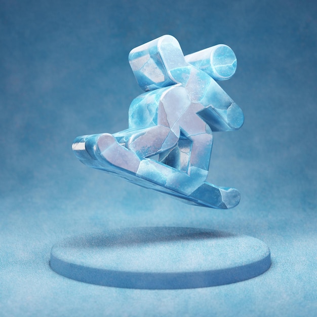 Snowboarding icon. Cracked blue Ice Snowboarding symbol on blue snow podium. Social Media Icon for website, presentation, design template element. 3D render.