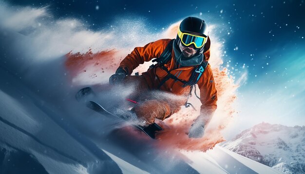 Photo snowboarding skiing dynamic photoshoot on the snow