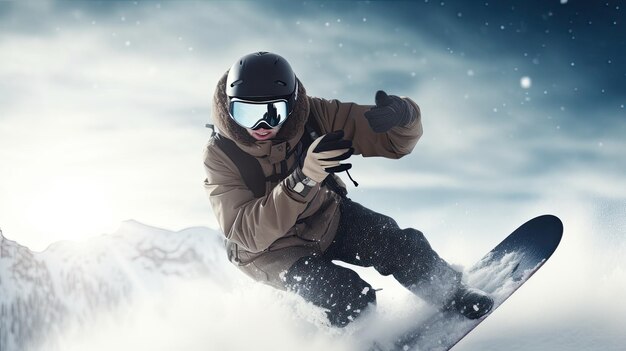 Photo snowborder man in action in mountines