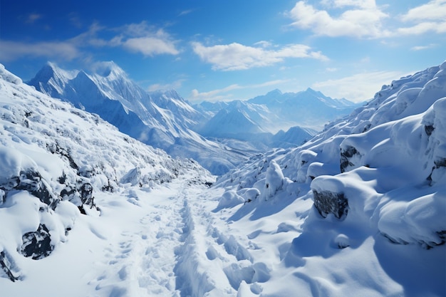 雪に覆われた登山 人間の足跡は 雪の挑戦を抱きしめる 丘の斜面の旅を追跡します