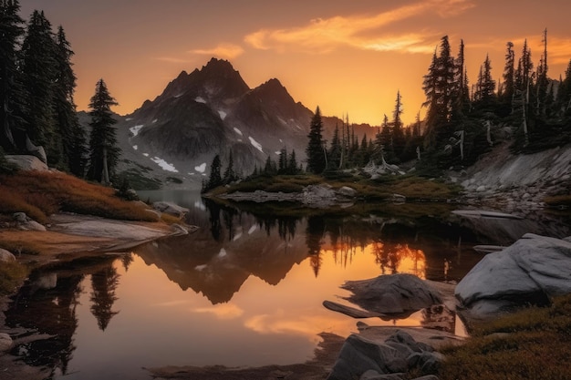 A SnowCapped Mountain Landscape Reflected in a Calm Lake