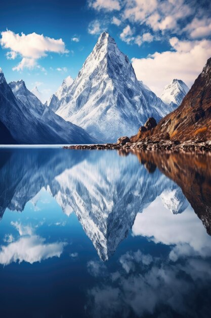 Snowcapped mountain peaks reflecting on a clear lake created with generative ai