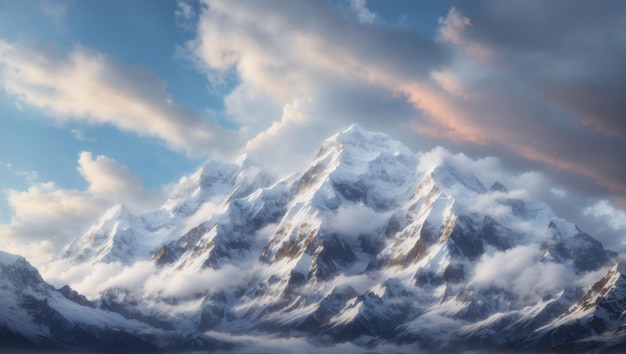 Snowcapped mountain peaks rise and clouds