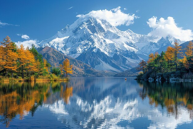 Photo a snowcapped mountain reflected in a crystalclear lake