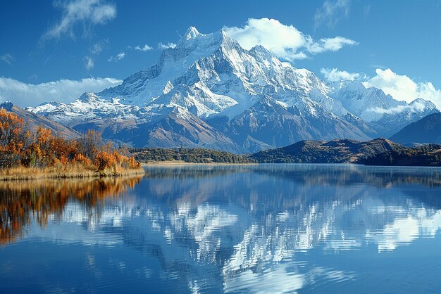 Photo a snowcapped mountain reflected in a crystalclear lake