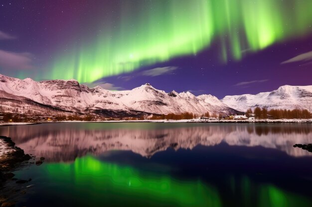 Snowcapped mountains under the glowing aurora borealis