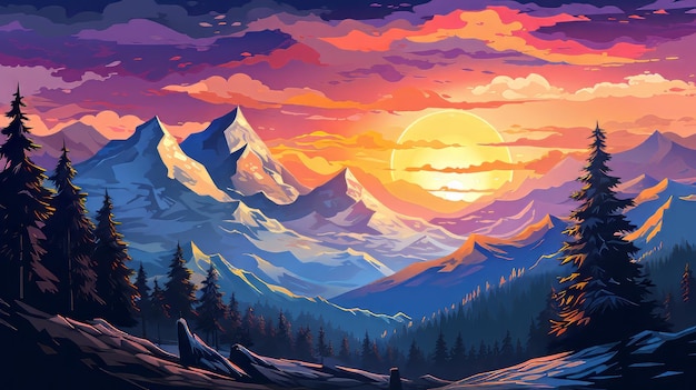 SnowCapped Mountains Impressionist Style Majestic Grandeur Dramatic Sunset Lighting Landscape