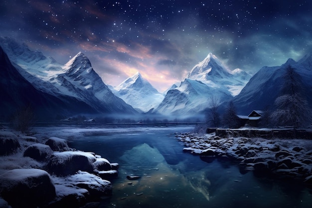 Snowcapped mountains under a sky of twilight stars