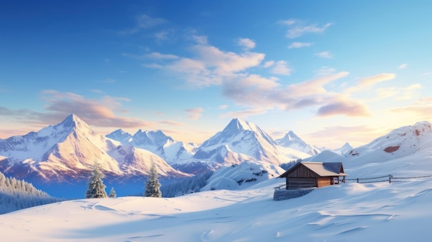 Snowcapped mountains and a solitary cabin in mesmerizing background