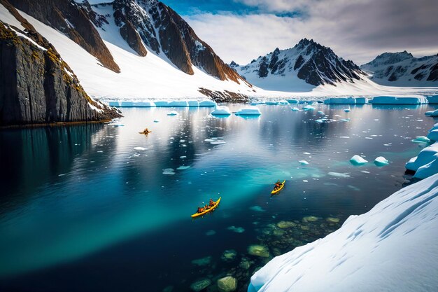 Snowcapped mountains travel active recreation winter kayaking\
in antarctica