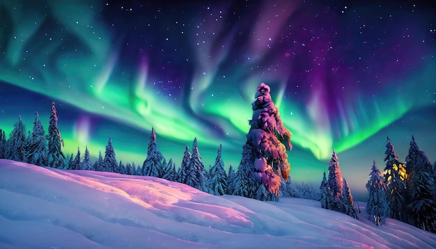 Snowcapped trees under the beautiful night sky with colorful aurora borealis