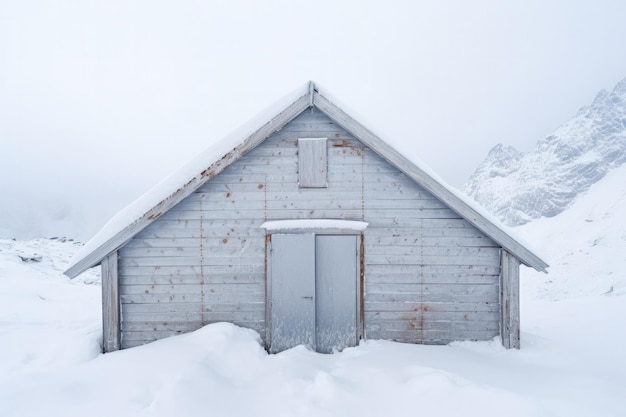 Photo snowcovered alpine emergency shelter background with empty space for text