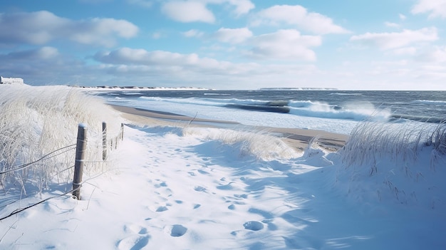 Foto spiaggia coperta di neve con onde lontane un ampio angolo