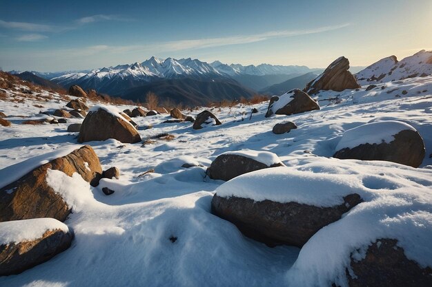 Photo snowcovered boulders scattered across a mountain slop