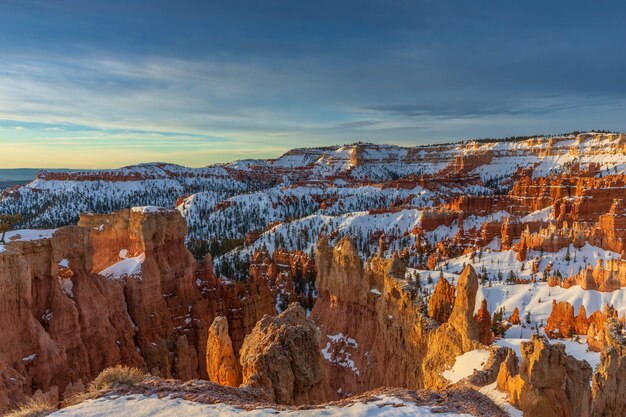 Snowcovered Bryce Canyon National Park at sunrise USA