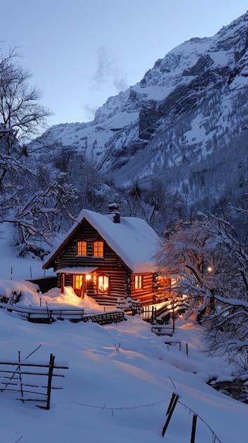 Snowcovered cabin glowing in the night
