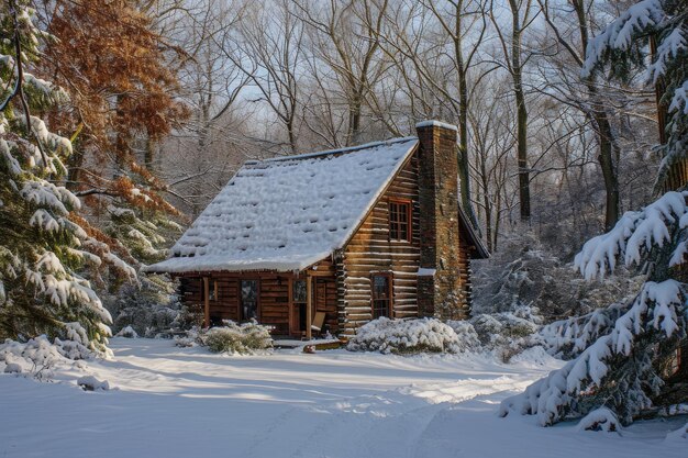 雪 に 覆わ れ た 森 の 中 に 隠れ て いる 小屋