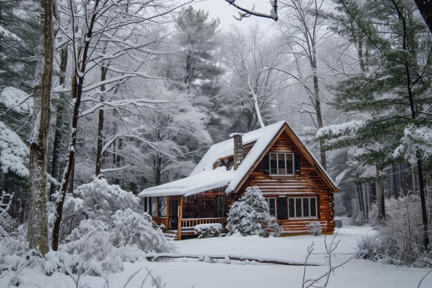 SnowCovered Cabin Nestled In The Woods