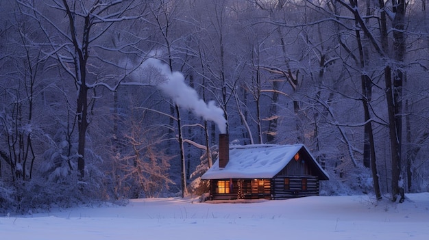 A snowcovered cabin in the woods its chimney emitting a thin ribbon of smoke a symbol of the warmth