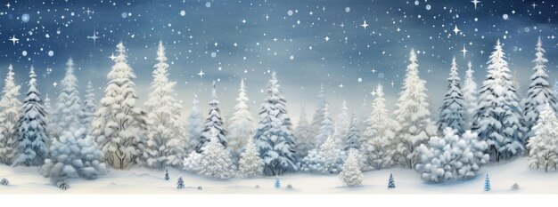 Snowcovered Christmas trees with falling snow in shades of white and sky blue Generative AI