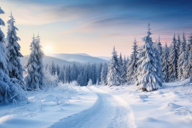 Snowcovered coniferous forest in Tien Shan mountains in Kazakhstan