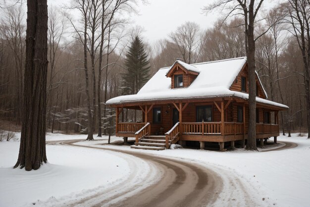 A snowcovered cottage in the middle of the woods