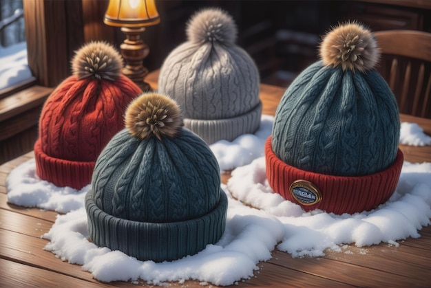 雪 に 覆わ れ た 快適 な 冬 の 帽子 が 木 の テーブル に 置か れ て いる