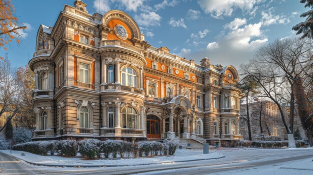 Foto elegante edificio storico coperto di neve in un ambiente urbano