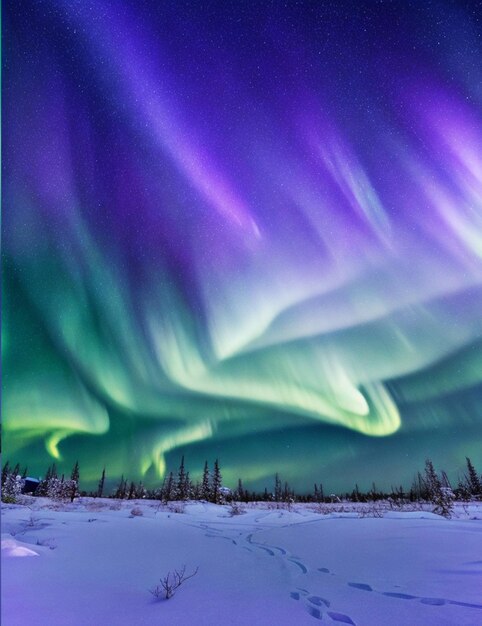 Foto una distesa coperta di neve illuminata da un'aurora brillante che danza attraverso il cielo notturno