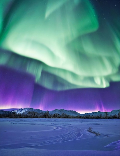 Foto una distesa coperta di neve illuminata da un'aurora brillante che danza attraverso il cielo notturno