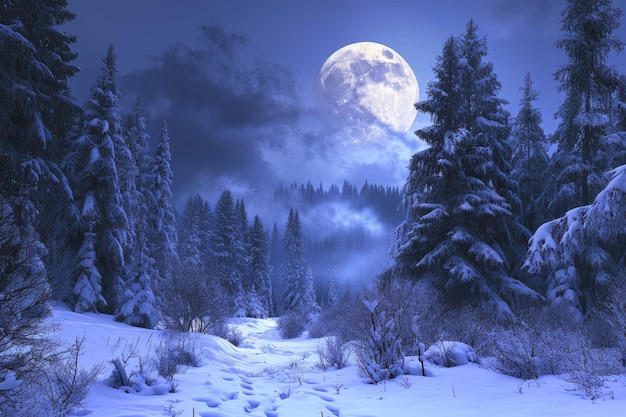 満月 の 下 の 雪 に 覆わ れ た 森
