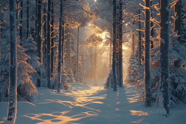 Снежный лес, освещенный нежным светом.