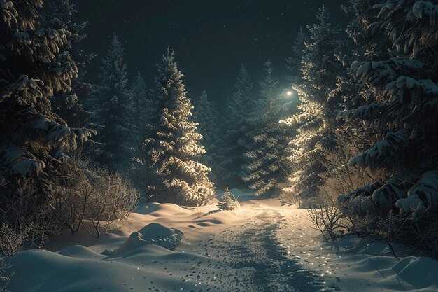 月光で照らされた雪に覆われた森