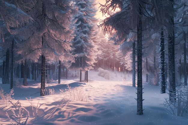 A snowcovered forest illuminated by starlight