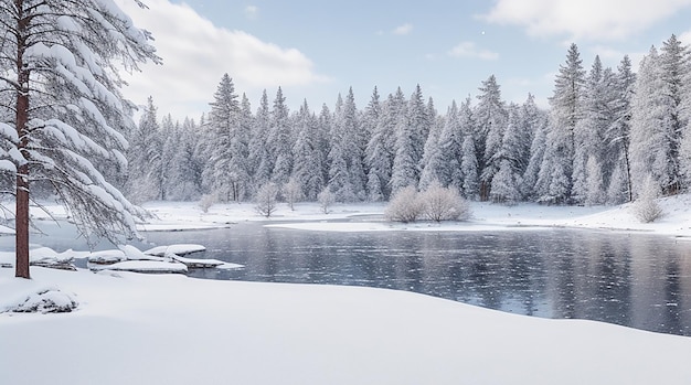 A snowcovered forest with a blanket of white and a frozen lake