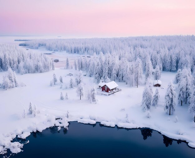 Photo snowcovered house cabin in the winter forest