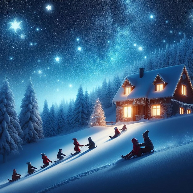 Photo snowcovered house joyous ride down the glistening slopes winter wonderland ai generated