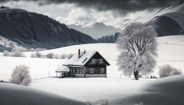 Snowcovered landscape with a cozy house in the foothills of the Alps