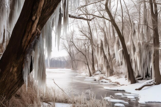 Snowcovered landscape with frozen river and icicles hanging from trees created with generative ai