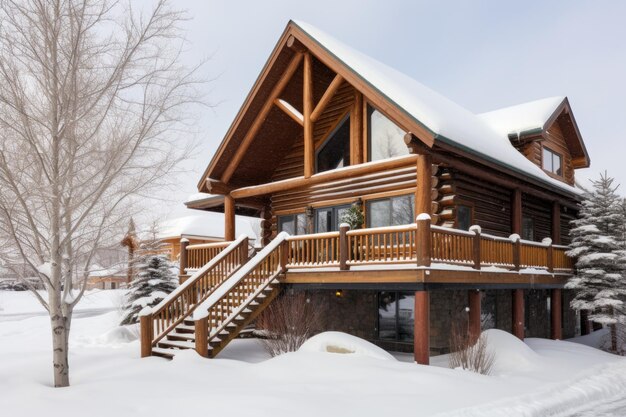 Foto cabina di legno coperta di neve con balcone visibile
