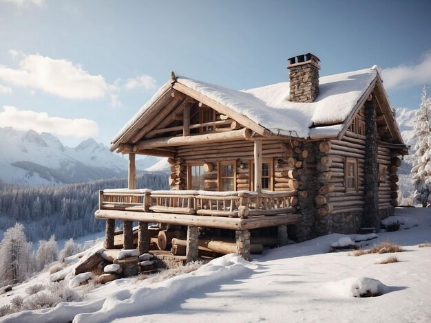 Snowcovered log cabin with visible balcony