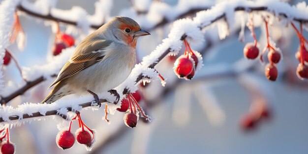 Snowcovered mountain ash with a bird