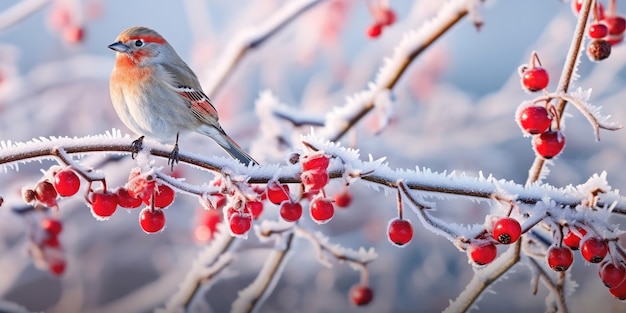 雪に覆われた山の灰と鳥