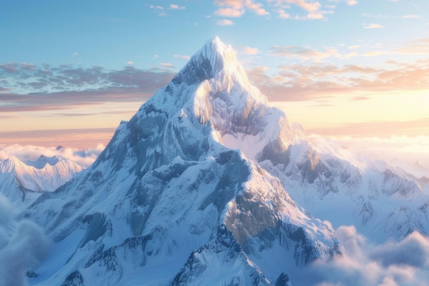 A snowcovered mountain peak at sunrise