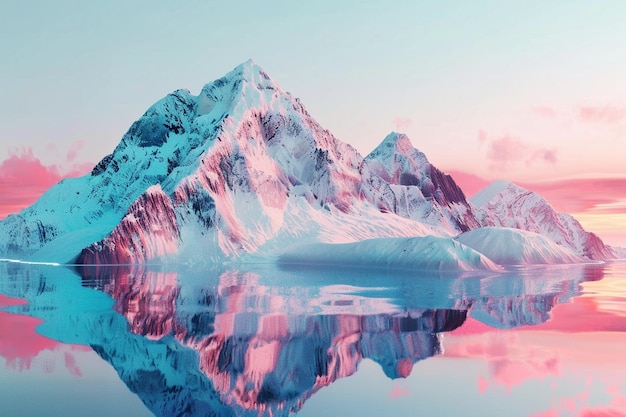 Snowcovered mountain peaks reflecting a pink sunri