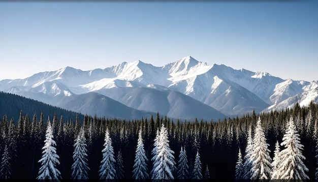 Snowcovered mountain peaks with hazy mountain ranges in the background surrounded by pine trees