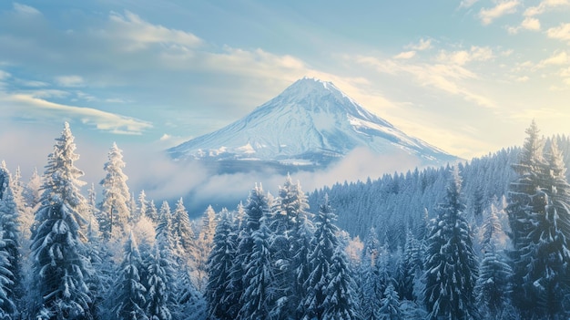 写真 雪に覆われた山脈は木々で飾られ 壮大な原始的なアルプス風景です