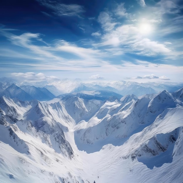 Snowcovered mountain range with blue sky