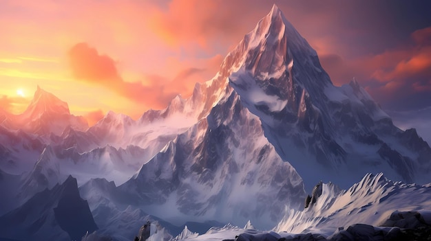 Snowcovered mountains at sunrise